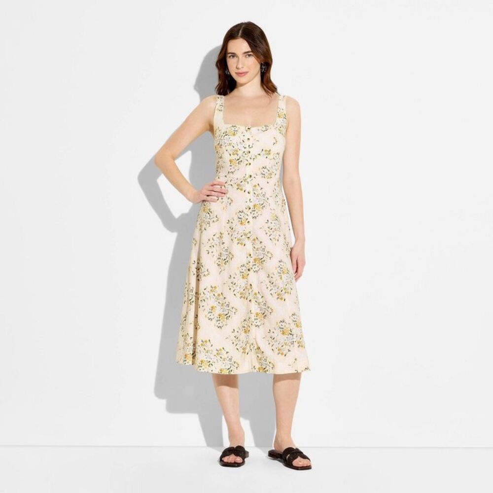 Women's Button-Front Midi A-Line Dress - Wild Fable Light Yellow Floral L - Picture 2 of 4